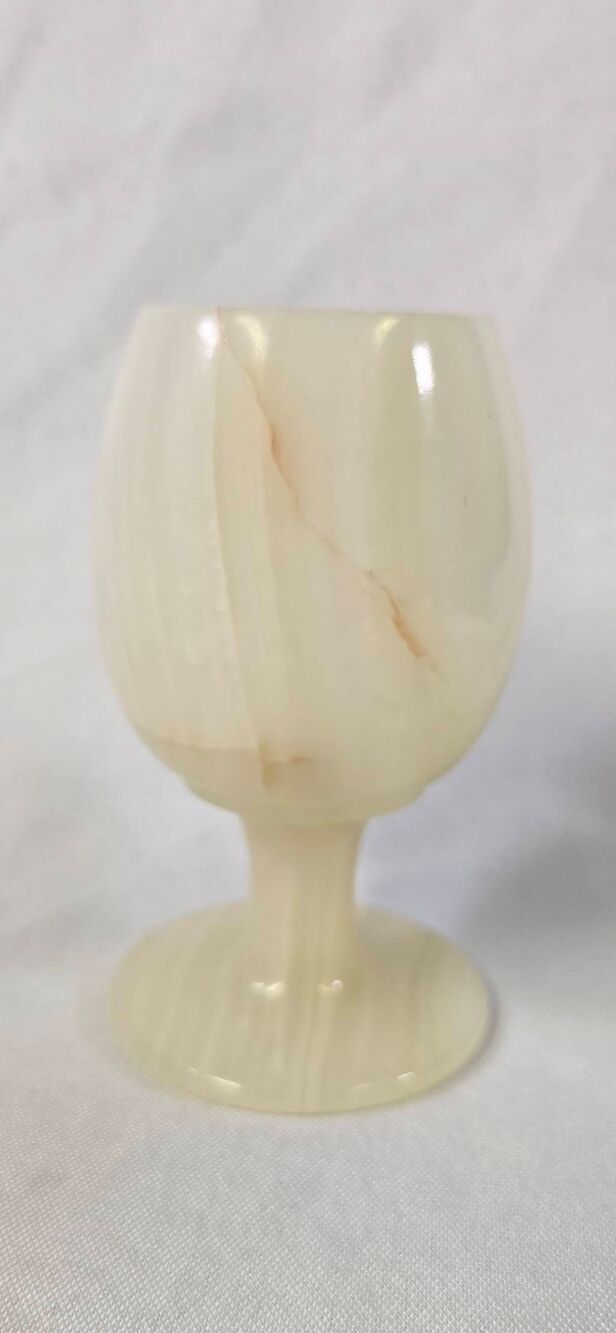 Vintage Hand-Carved Onyx Stone Goblet Chalice | Cream & Brown Marbled Wine Glass